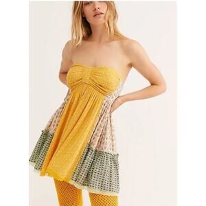 Free People Yellow and Green Strapless Mini Dress